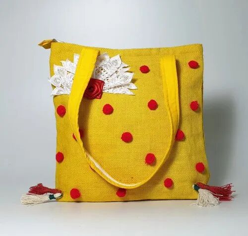 Yellow Embroidered Jute Bag, for Shopping, Office Use, Collage Use