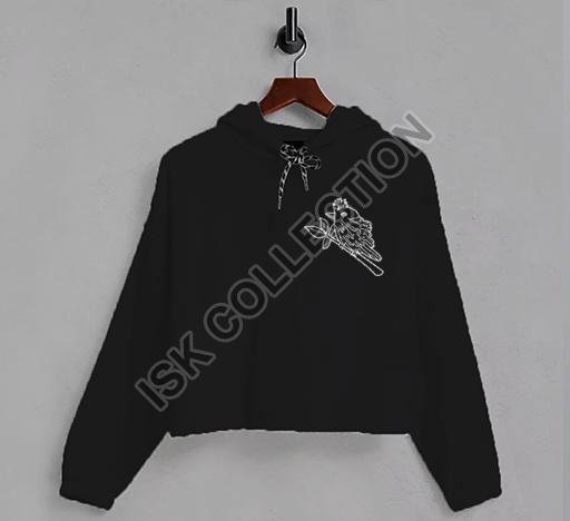 Sparrow Printed Black Crop Hoodie, Gender : Female