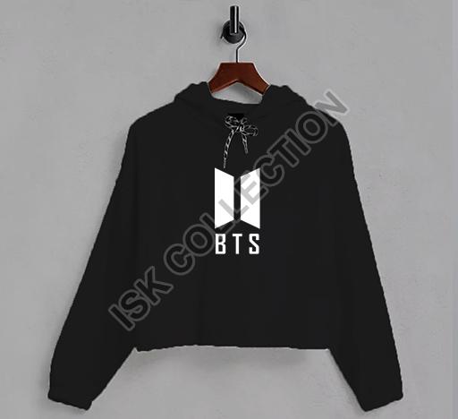 White BTS Logo Printed Black Crop Hoodie