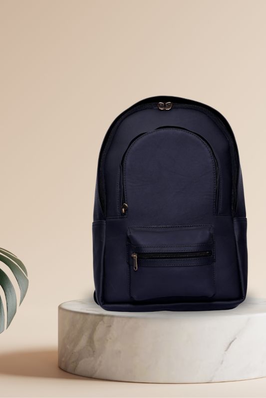 Black Plain Leather Backpack Bag