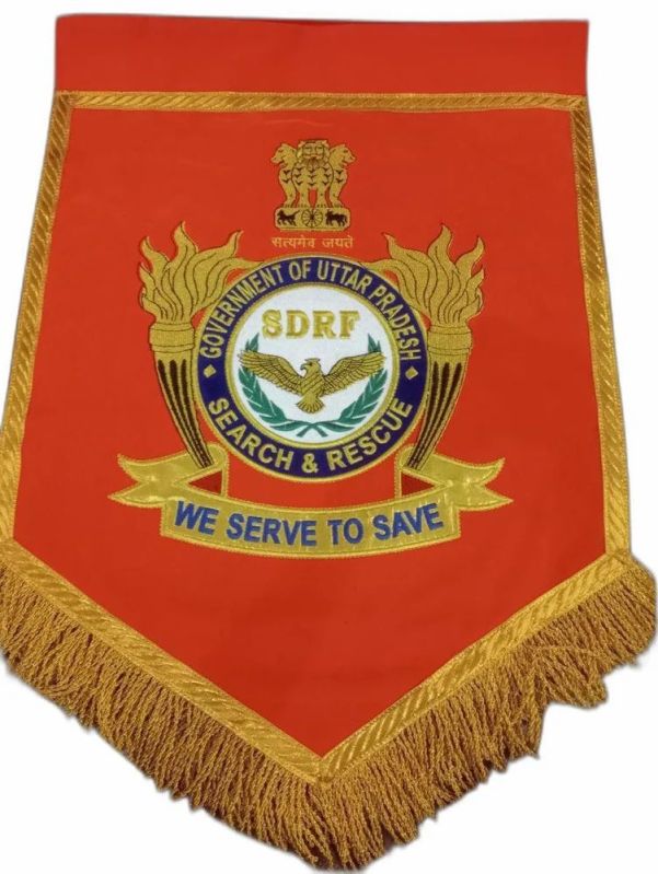 Printed Velvet Embroidered SDRF T Flag, Color : Orange Golden