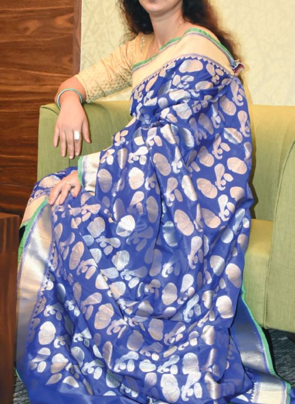 Embroidered banarasi silk sarees, Color : Blue