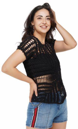 Ladies Crochet Knit Black Top