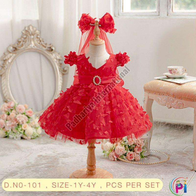 Candy Red Girls Party Wear Frock, Technics : Machine Made