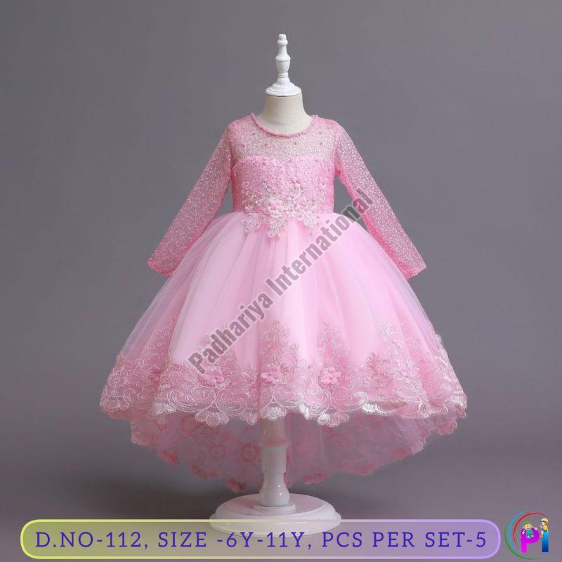 Pink Net Girls Party Wear Frock, Technics : Machine Made