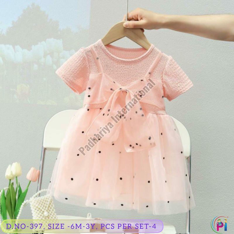 Pink Girls Casual Wear Frock, Technics : Machine Made