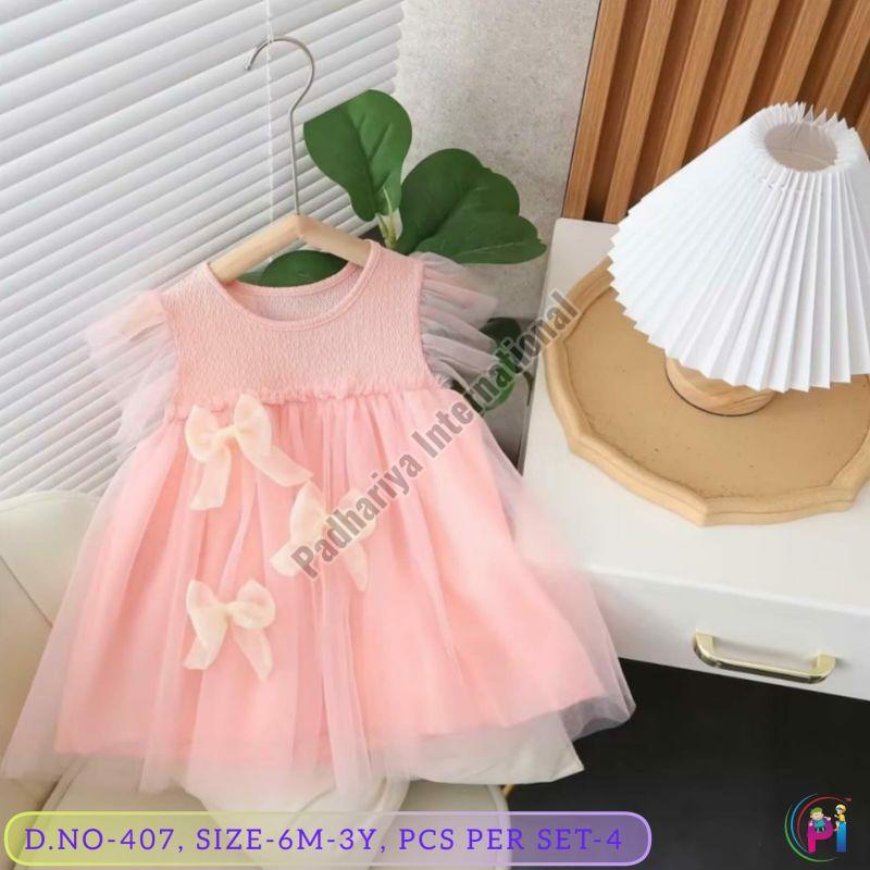 Pink Fancy Girls Casual Wear Frock, Technics : Machine Made