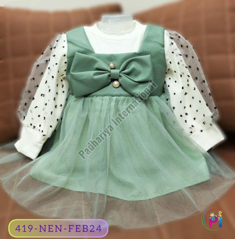 Green Net Girls Casual Wear Frock, Technics : Machine Made