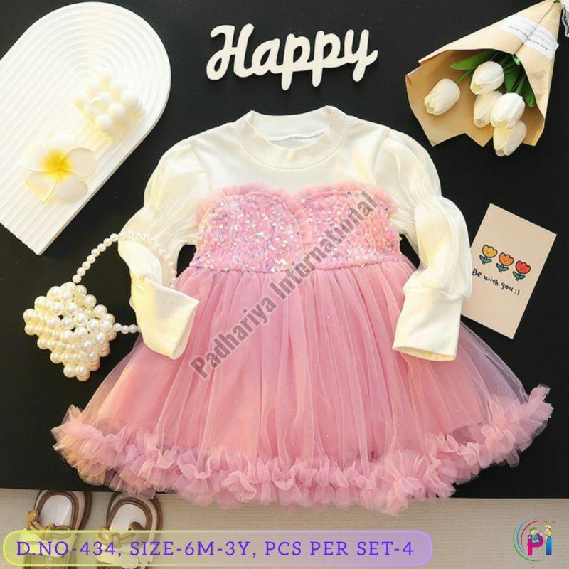 Pink Cotton Girls Party Wear Frock, Technics : Machine Made