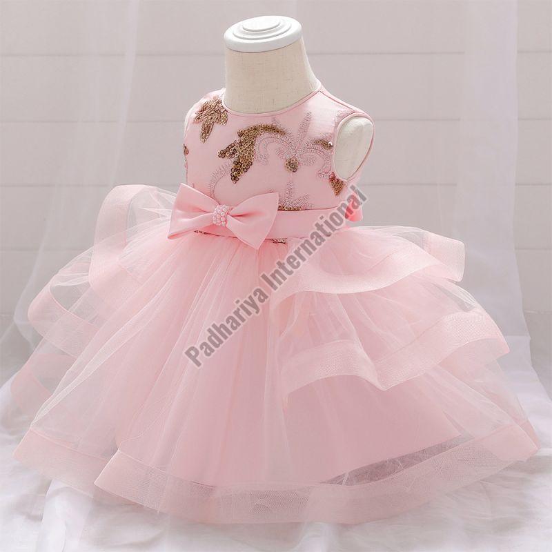 Floral Pink Girls Party Wear Frock, Technics : Machine Made