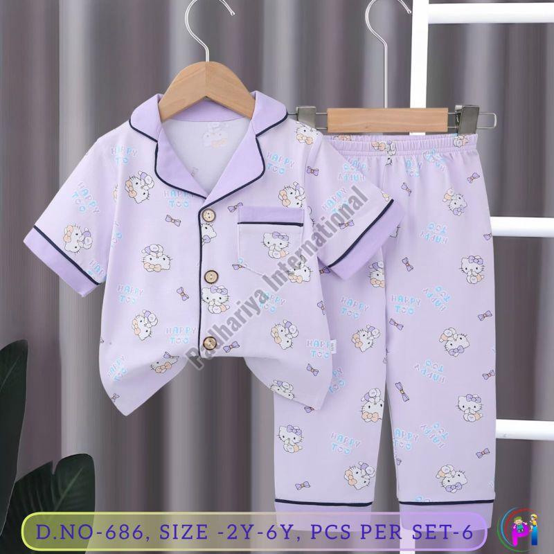 Fancy Printed Purple Kids Girls Night Suit