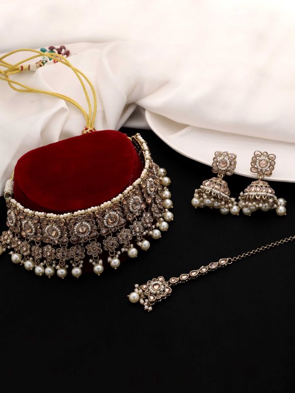 Floral Square Splendor Mehandi Plated Reverse Ad Choker Necklace Set