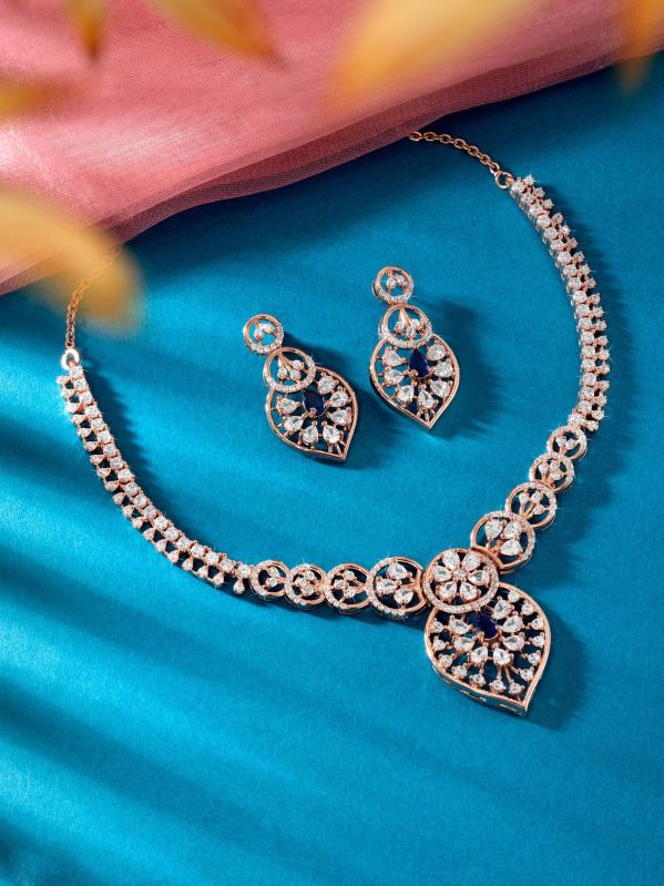 925 Sterling Rose Gold Leaf Shape Diamond Necklace Set