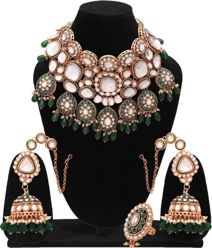 Exquisite Jadau Kundan Gold Plated Dulhan Semi Bridal Choker Necklaces Set