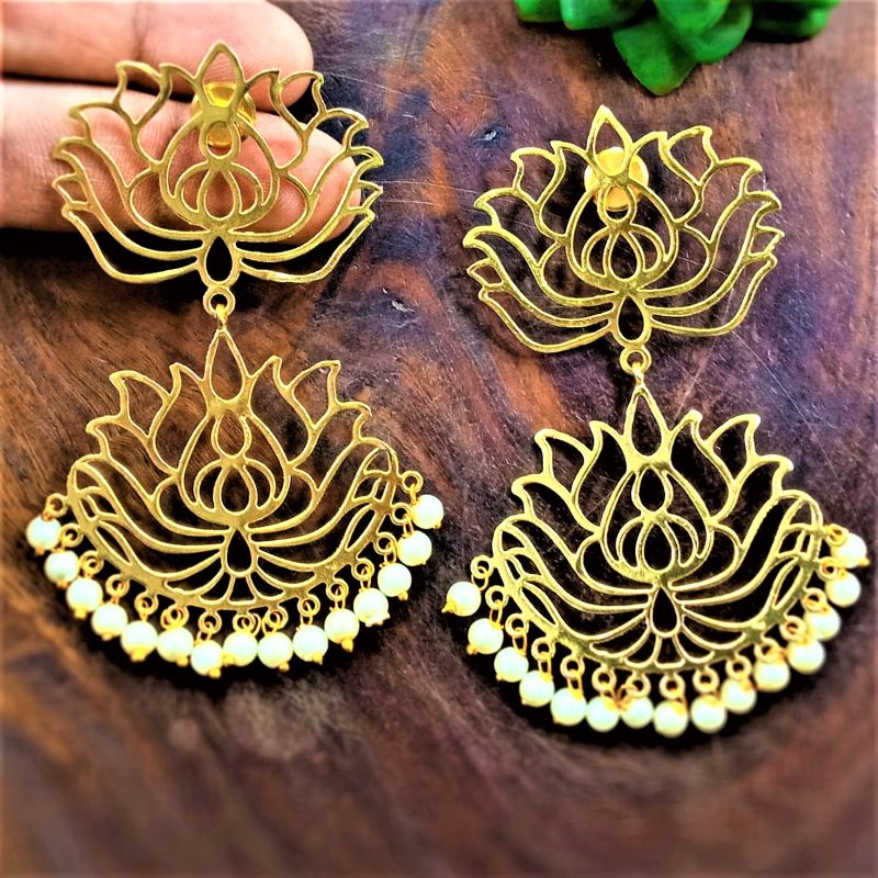 Golden Brass Lotus Design Earrings, Packaging Type : Box