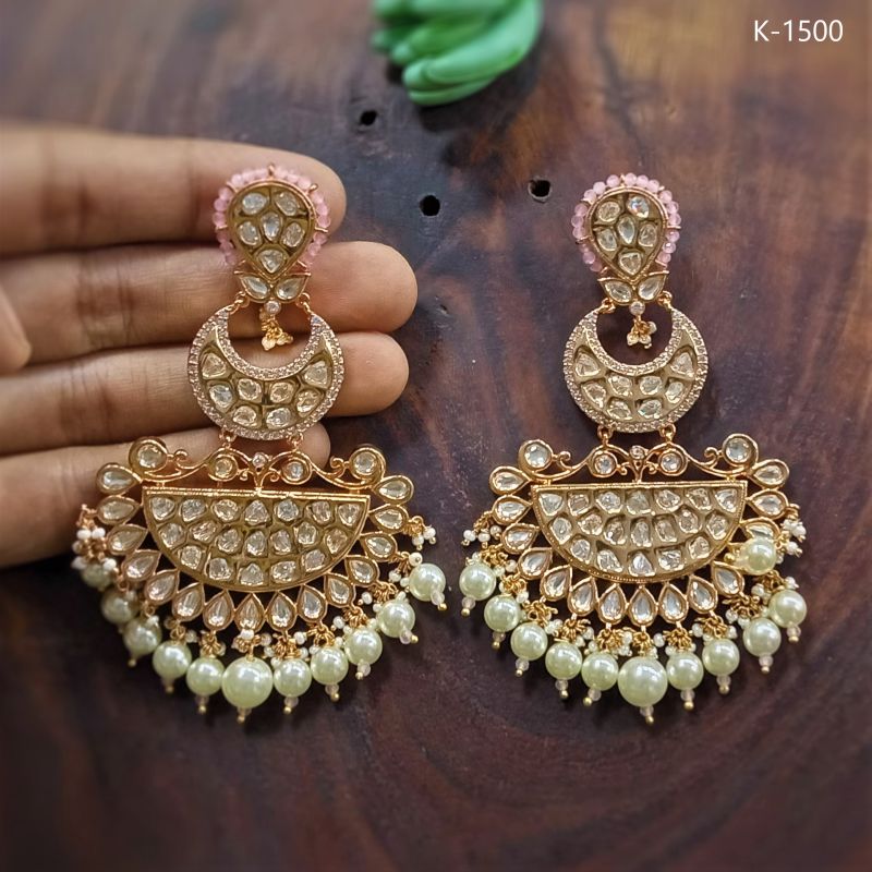 Designer Polished Kundan Studded Pearl Earrings, Packaging Type : Box