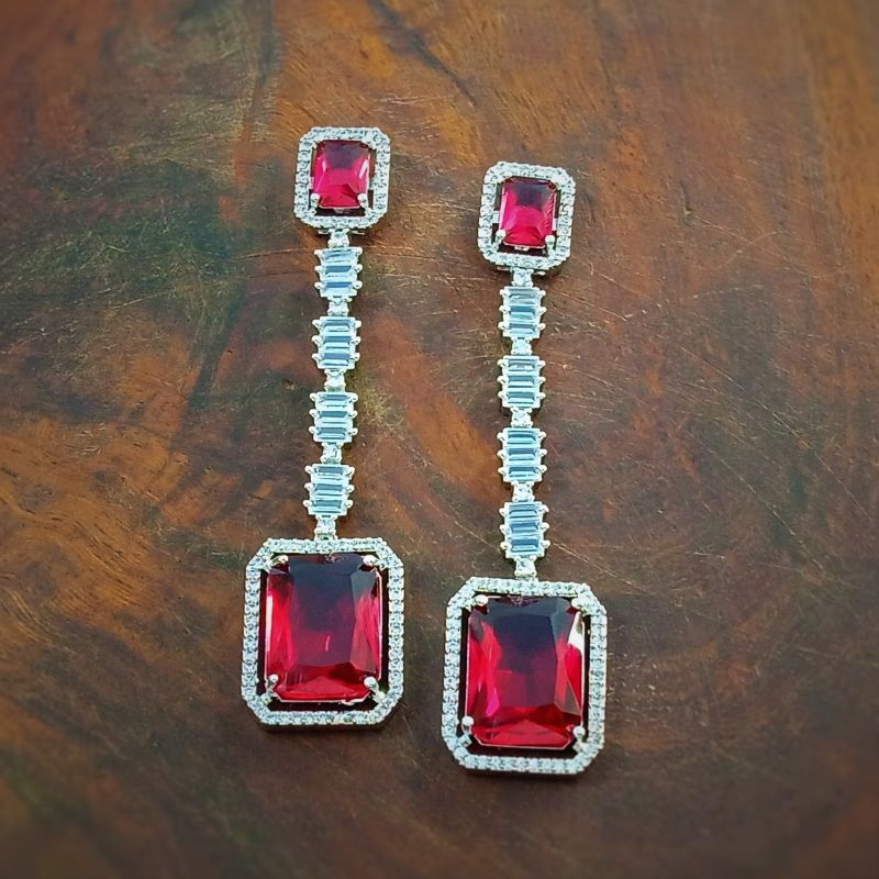 Designer Polished Red American Diamond Earrings, Packaging Type : Box
