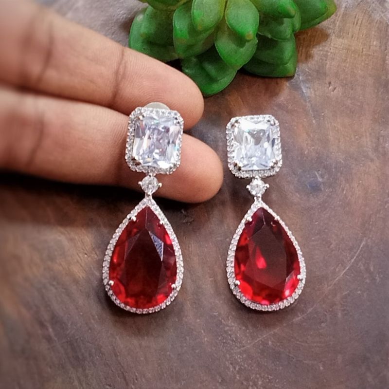 Red Oval Shape American Diamond Earrings, Packaging Type : Box