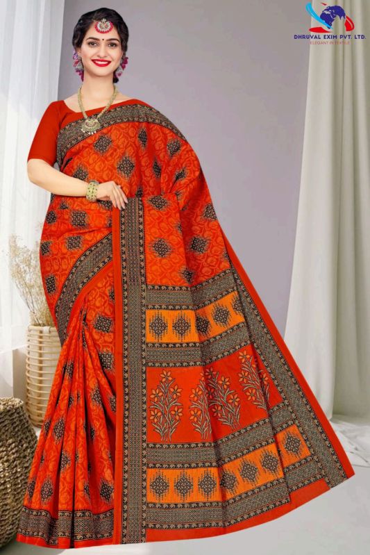 Block Printed Cotton Sarees, Saree Length : 5.5 M (separate Blouse Piece)