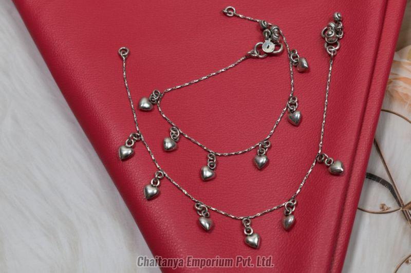 Chained Heart Drop Silver Anklets