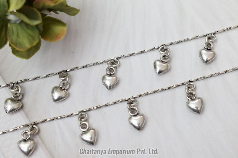 Chained Heart Drop Silver Anklets