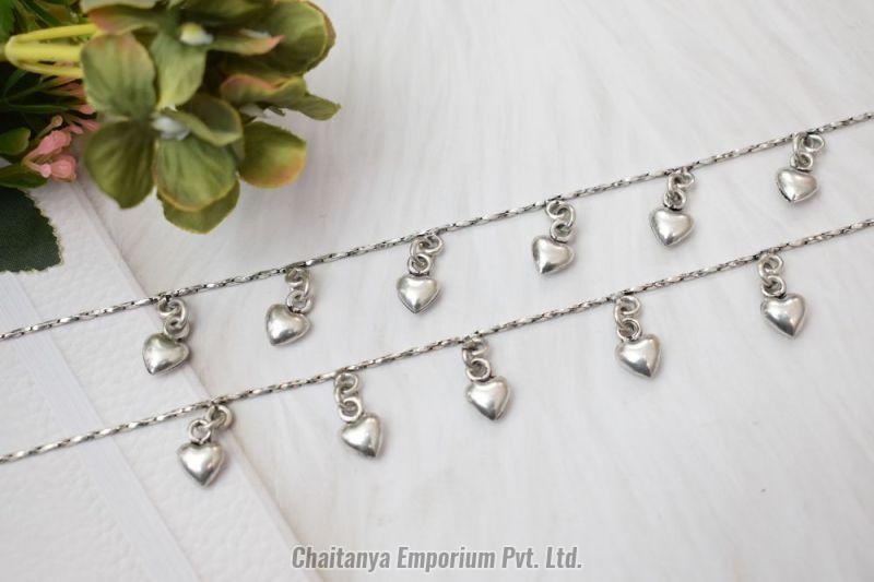 Chained Heart Drop Silver Anklets