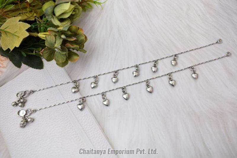 Chained Heart Drop Silver Anklets