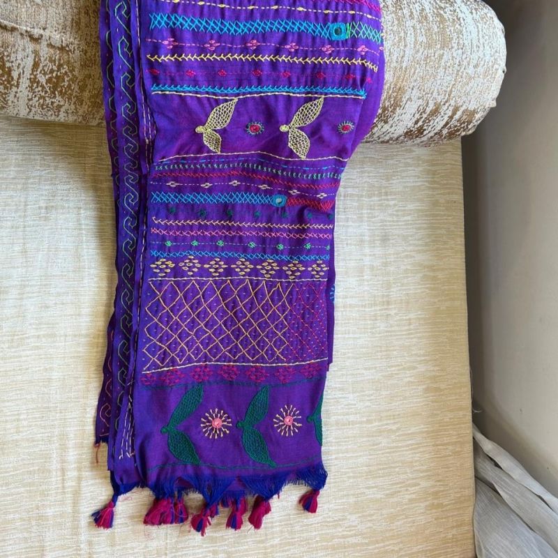 Handloom cotton saree with Lambani hand embroidery-Purple