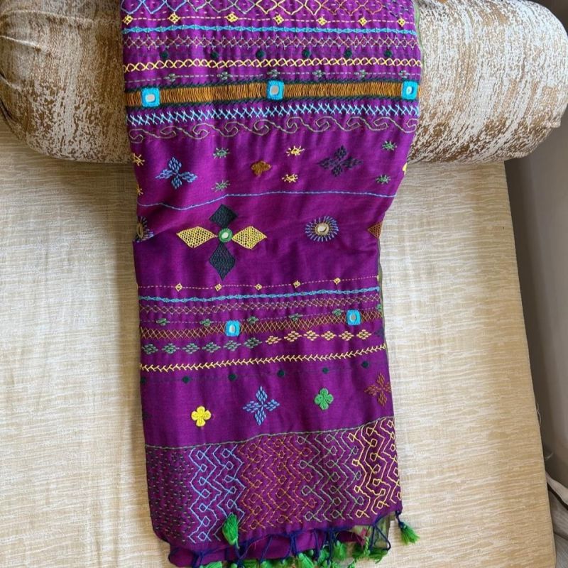 Handloom Cotton Saree With Lambani Hand Embroidery- Purple