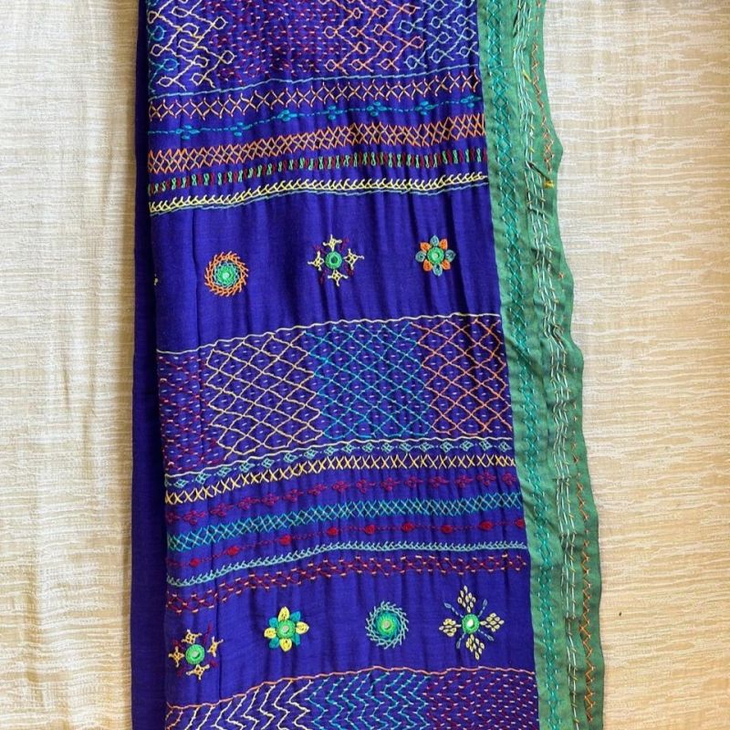 Lambani Hand Embroidery Blue Green Border Handloom Cotton Saree