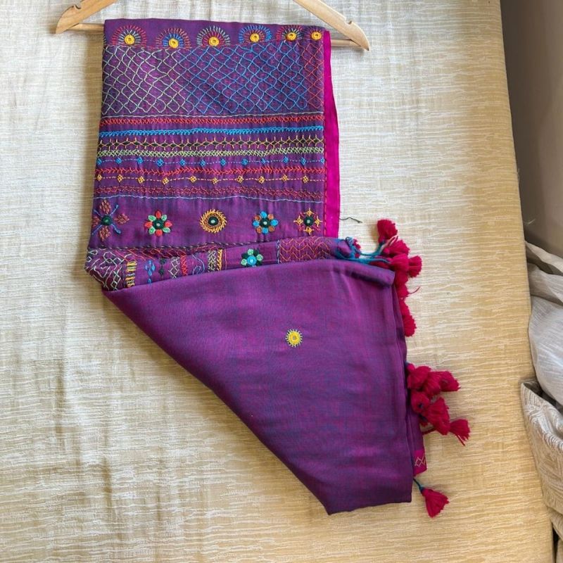 Handloom Cotton Saree With Lambani Hand Embroidery - Purple