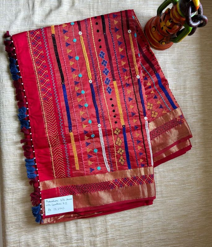 Handloom Maheshwari Cotton Silk Saree with Lambani Hand Embroidery
