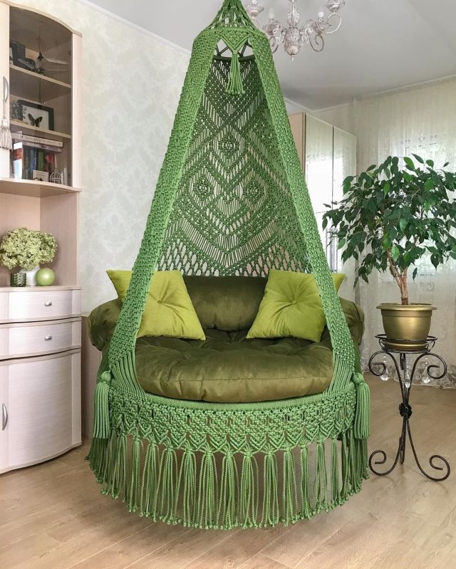 Green Cotton Macrame Hammock Swing Chair for Home Decor