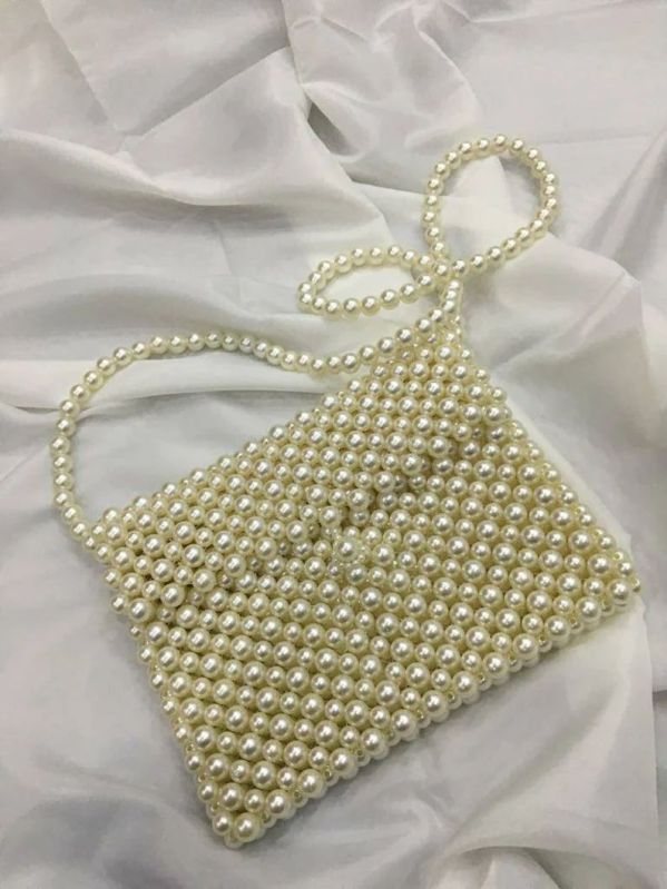 Ladies White Pearl Beaded Sling Bag, Technics : Machine Made