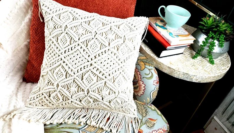 White Cotton Macrame Cushion Cover for Sofa