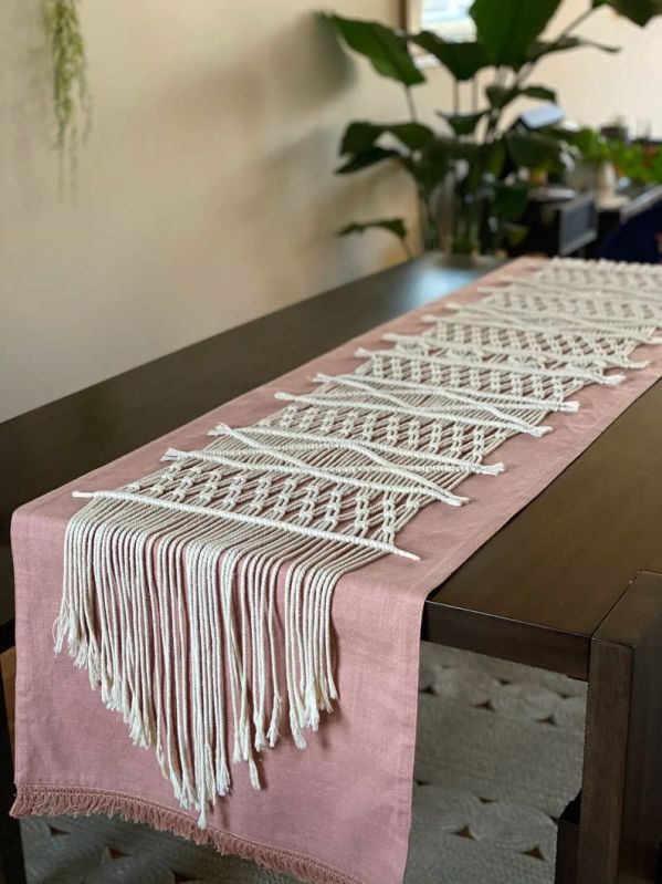 Plain Cotton White Macrame Table Runner, Technics : Handmade