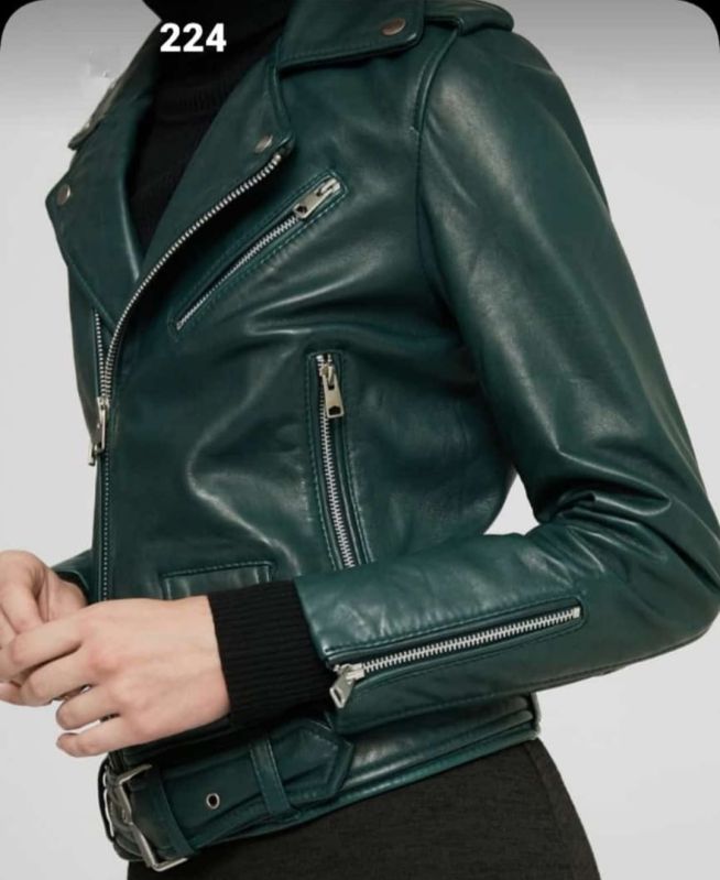 Glamourist Plain Green Ladies Leather Jacket, Sleeve Type : Full Sleeves