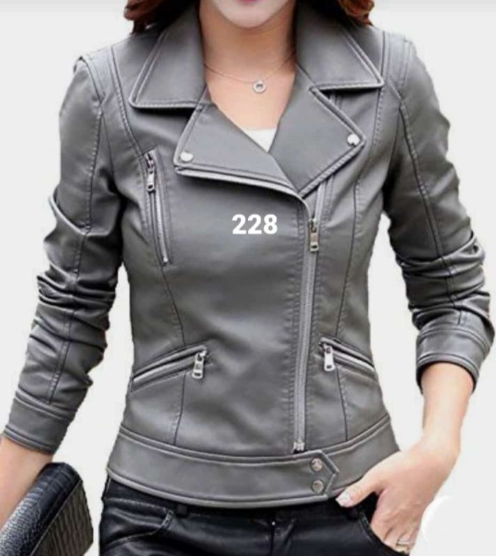 Glamourist Plain Grey Ladies Leather Jacket, Sleeve Type : Full Sleeves