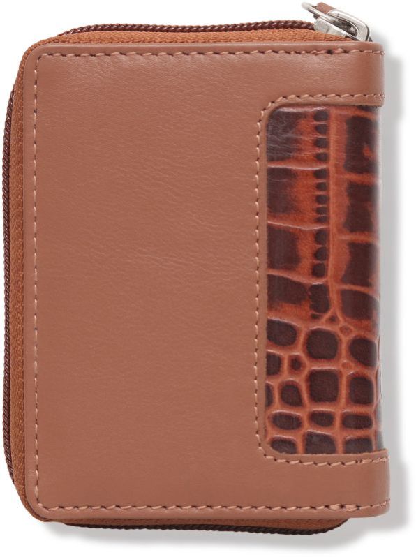 KARA Tan Unisex Debit Card Holder Genuine Leather Embossed Design Multiple Slots Zipper