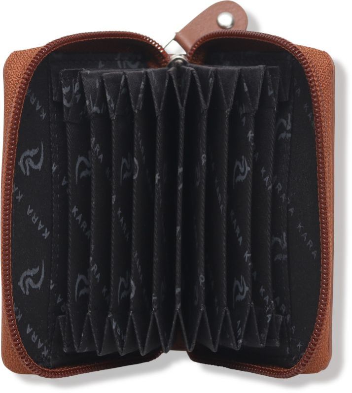 KARA Tan Unisex Debit Card Holder Genuine Leather Embossed Design Multiple Slots Zipper