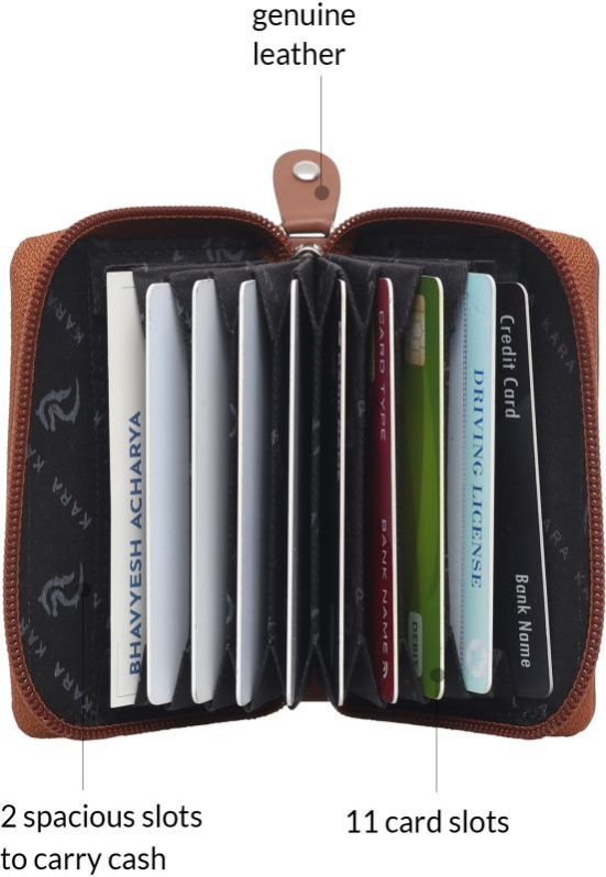 KARA Tan Unisex Debit Card Holder Genuine Leather Embossed Design Multiple Slots Zipper