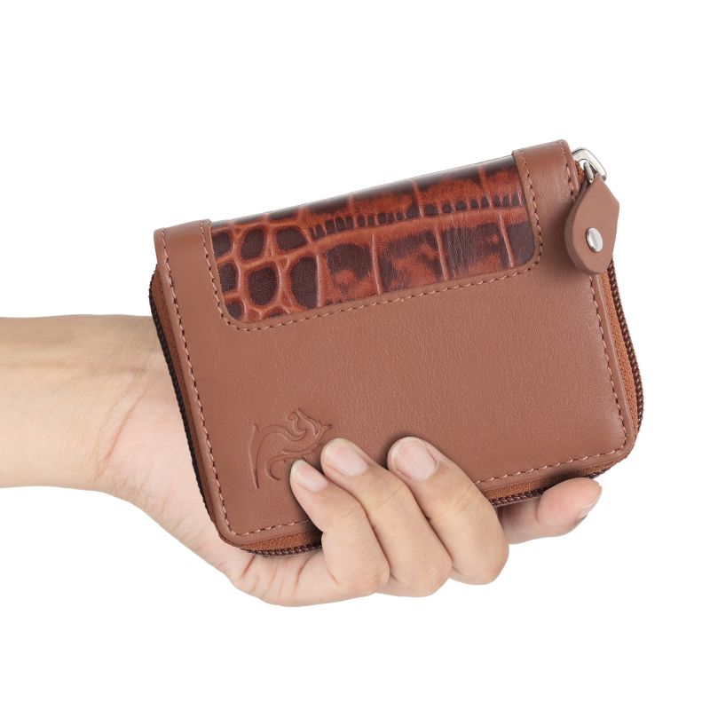 KARA Tan Unisex Debit Card Holder Genuine Leather Embossed Design Multiple Slots Zipper