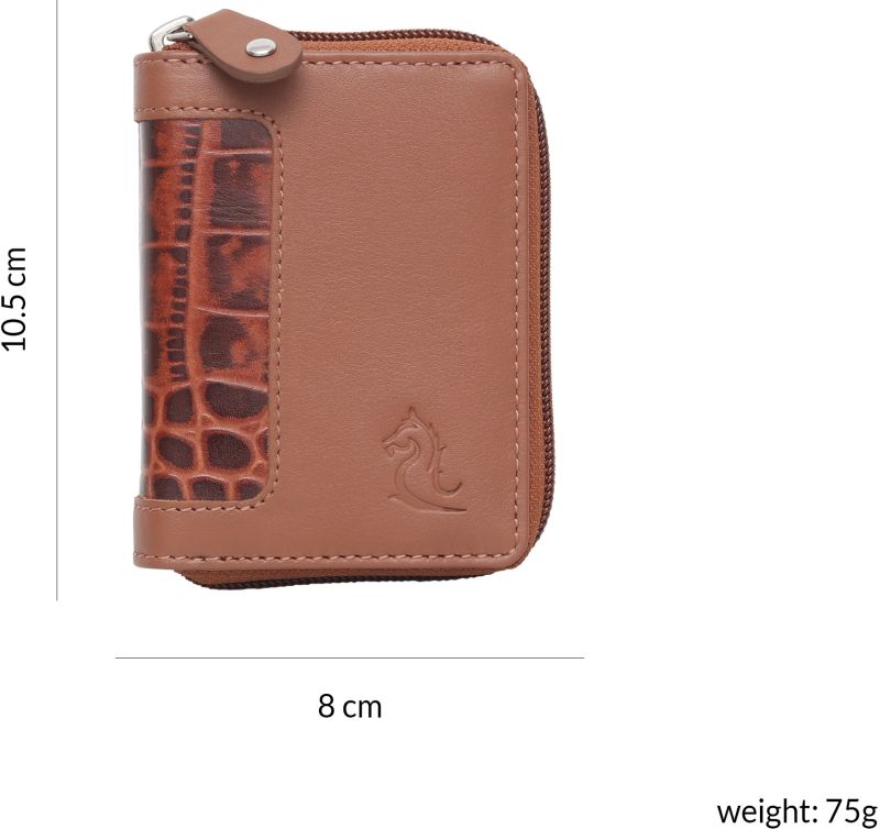 KARA Tan Unisex Debit Card Holder Genuine Leather Embossed Design Multiple Slots Zipper