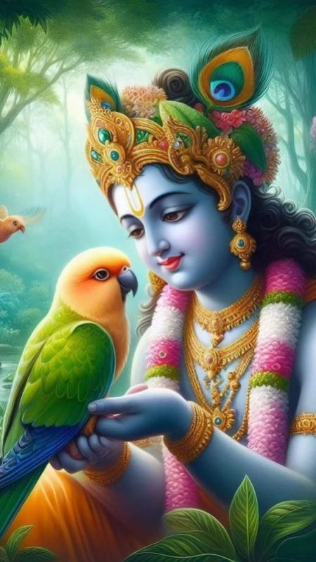 Lord Krishna With Parrot Canvas Painting