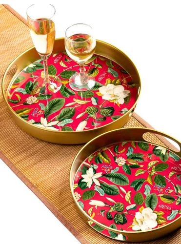 Metal Pink Magnolia Tray Set Of 2