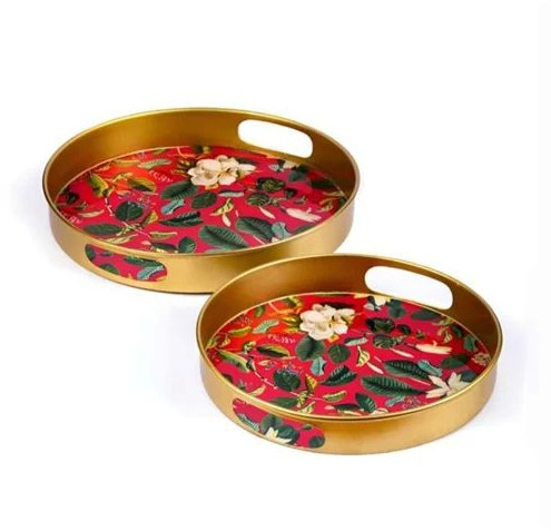 Metal Pink Magnolia Tray Set Of 2