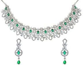 White Rhodium Plated Emerald Green Choker Necklace Set