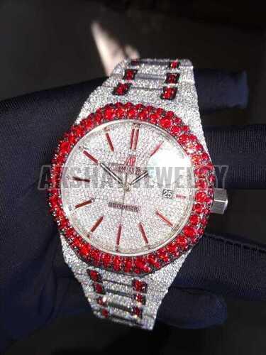 Round Gorgeous Moissanite Diamond Studded Wrist Watch