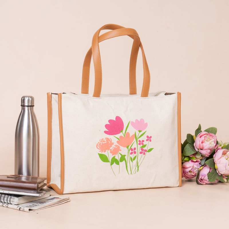 ED183 Floral Print Canvas Tote Bag