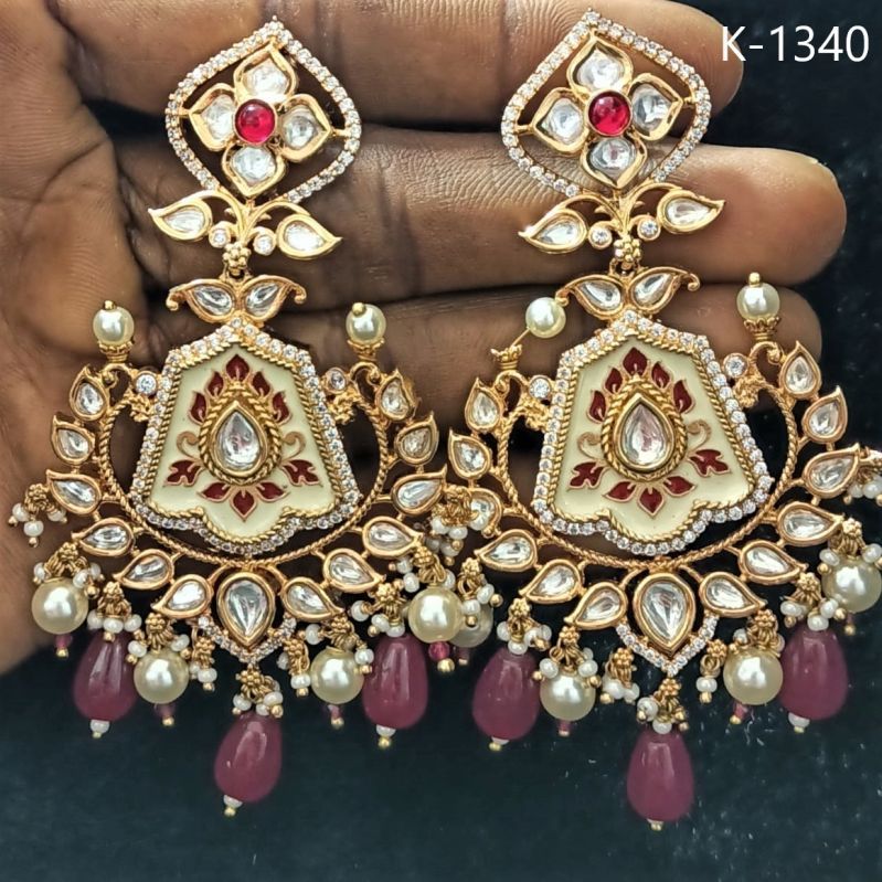 Golden And Red Designer Kundan Earrings